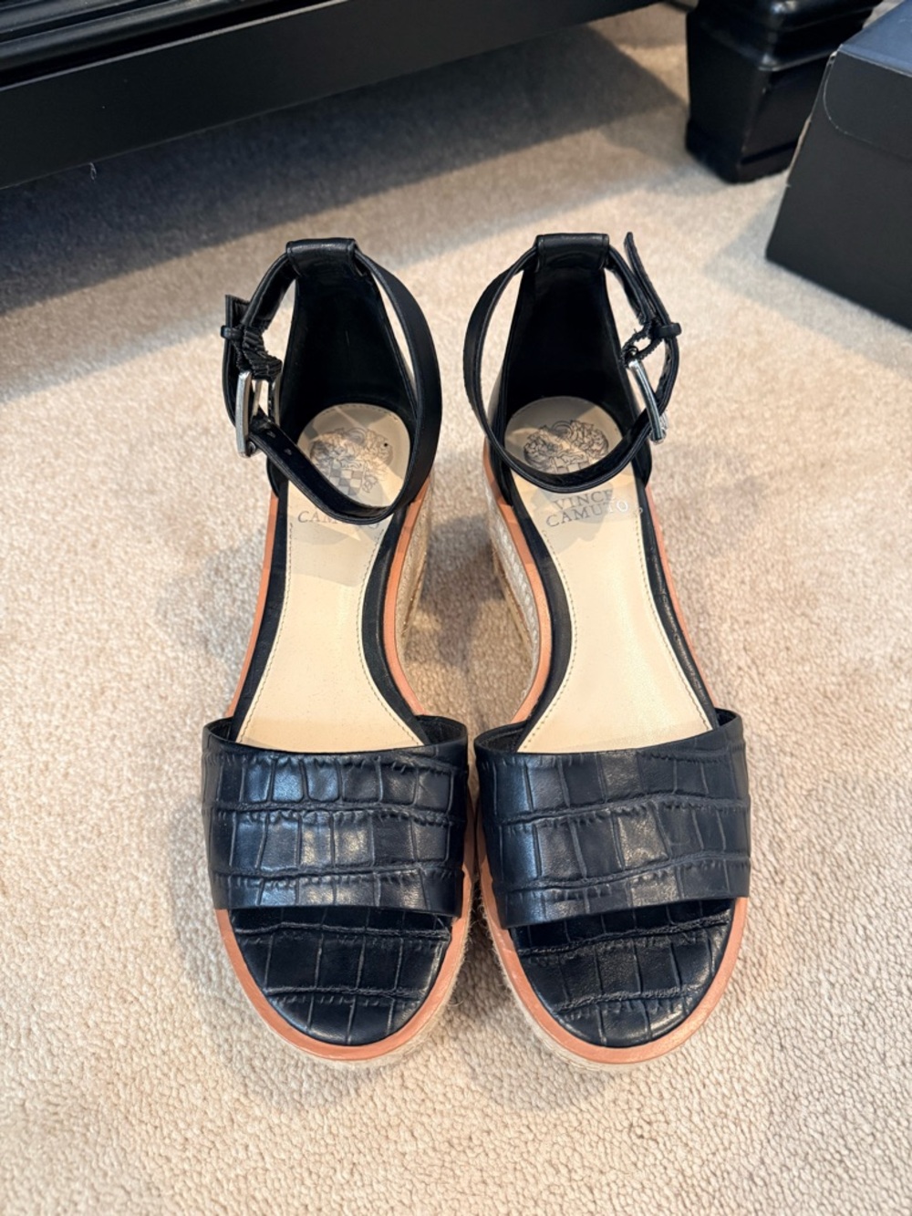 Vince Camuto Black Croc-Embossed Ankle-Strap Wedge Sandals - Women 8.5